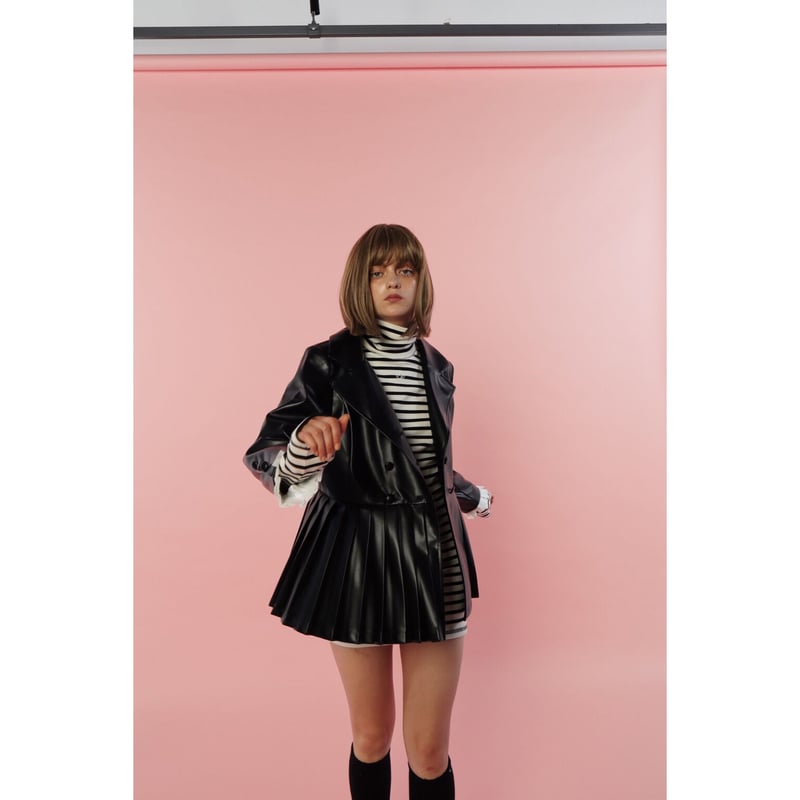 epine pleats frill jacket leather black