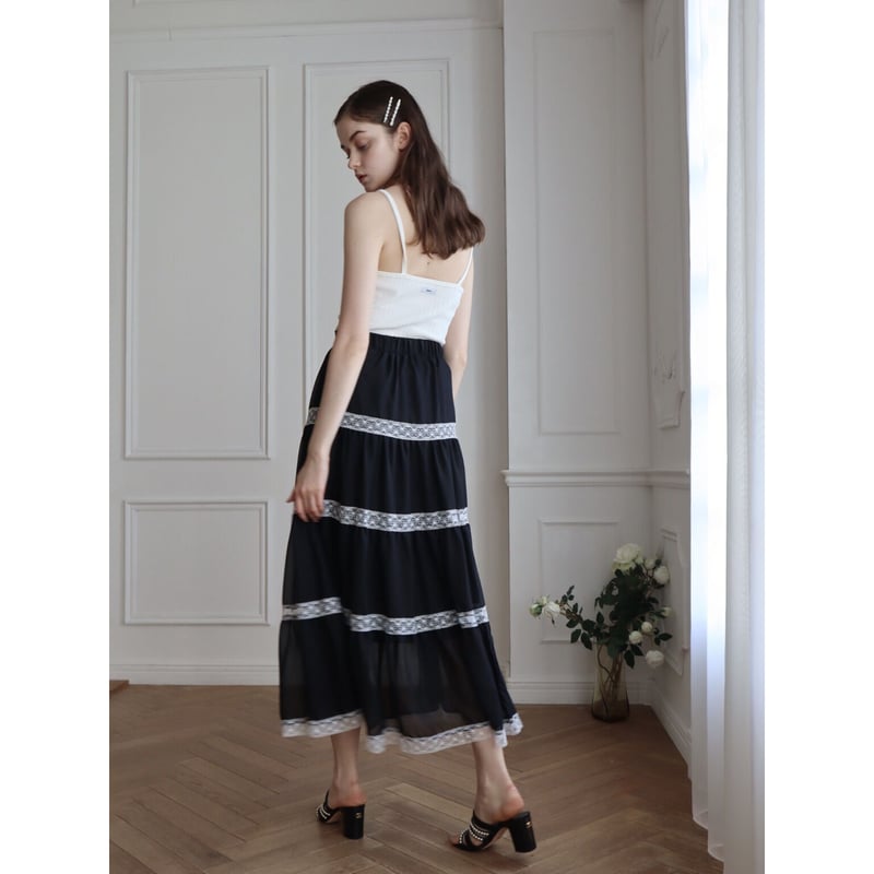 chiffon lace tiered long skirt black | épine