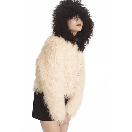 hood 2way volume fur coat bi-color white