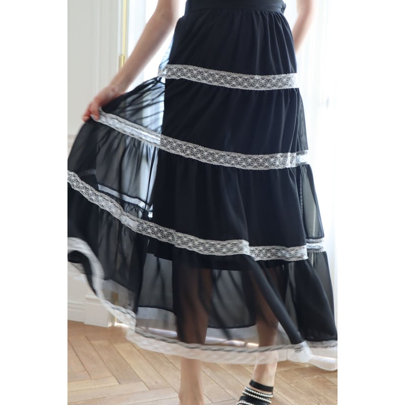 chiffon lace tiered long skirt black | épine
