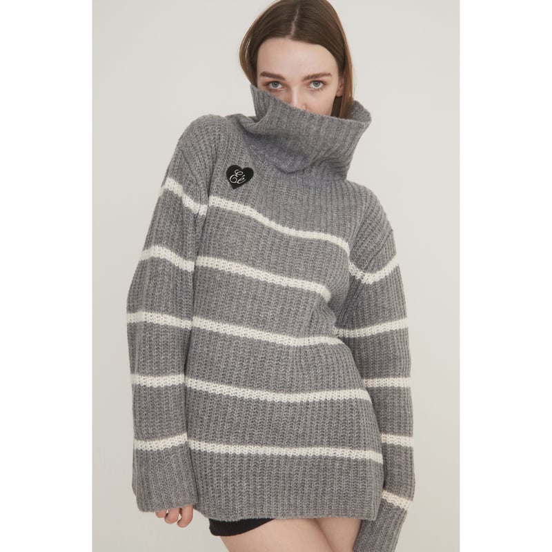 ♡Éé high neck big border knit gray | épine