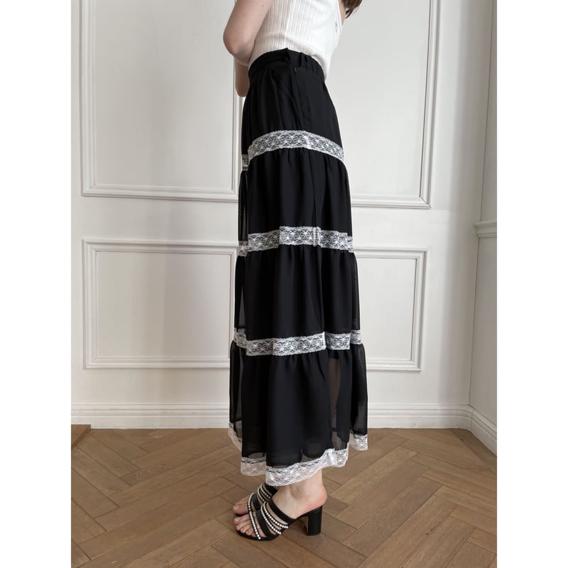 chiffon lace tiered long skirt black | épine