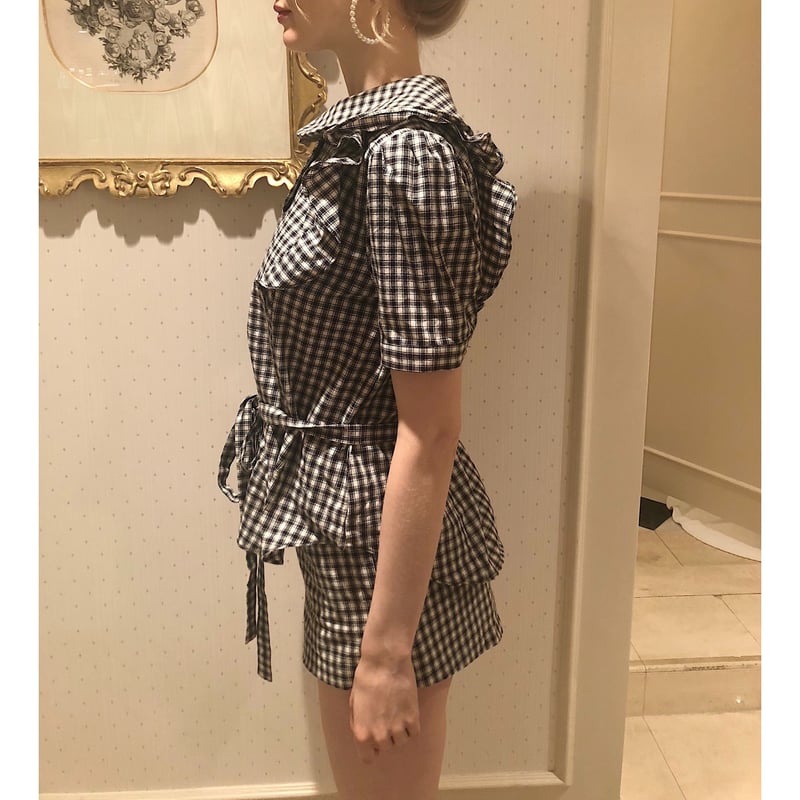 シャツ/ブラウス(半袖/袖なし) epine velours ribbon frill blouse check check frill ribbon blouse black | épine