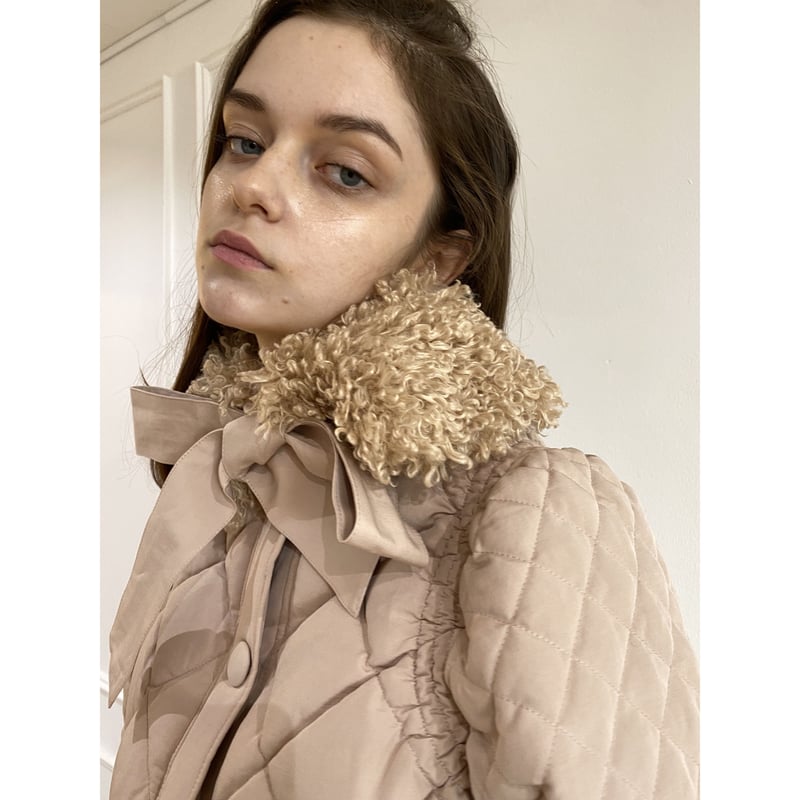 fur ribbon quilting short down coat pink beige fur ribbon quilting short down coat pink beige