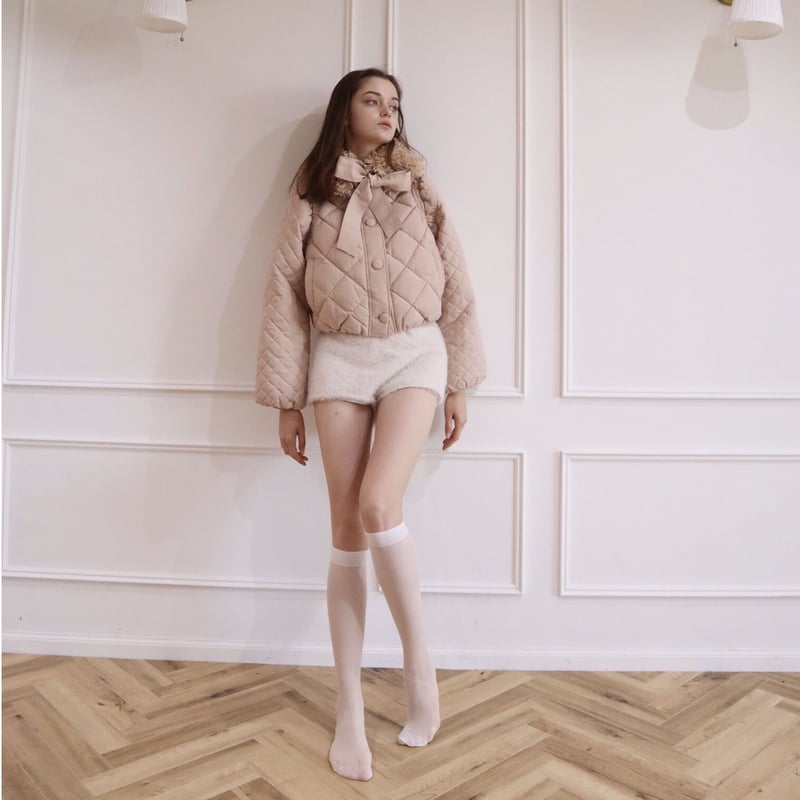 fur ribbon quilting short down coat pink beige fur ribbon quilting short down coat pink beige
