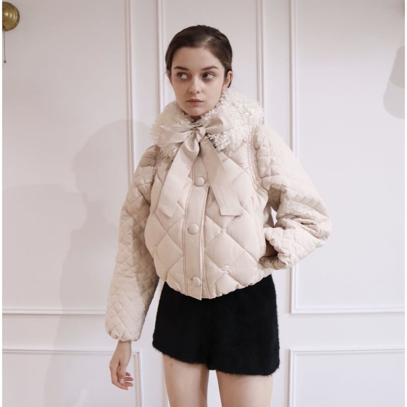 fur ribbon quilting short down coat ivory | épine