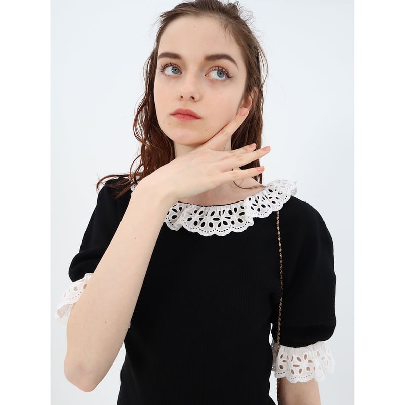 lace frill rib knit onepiece black | épine