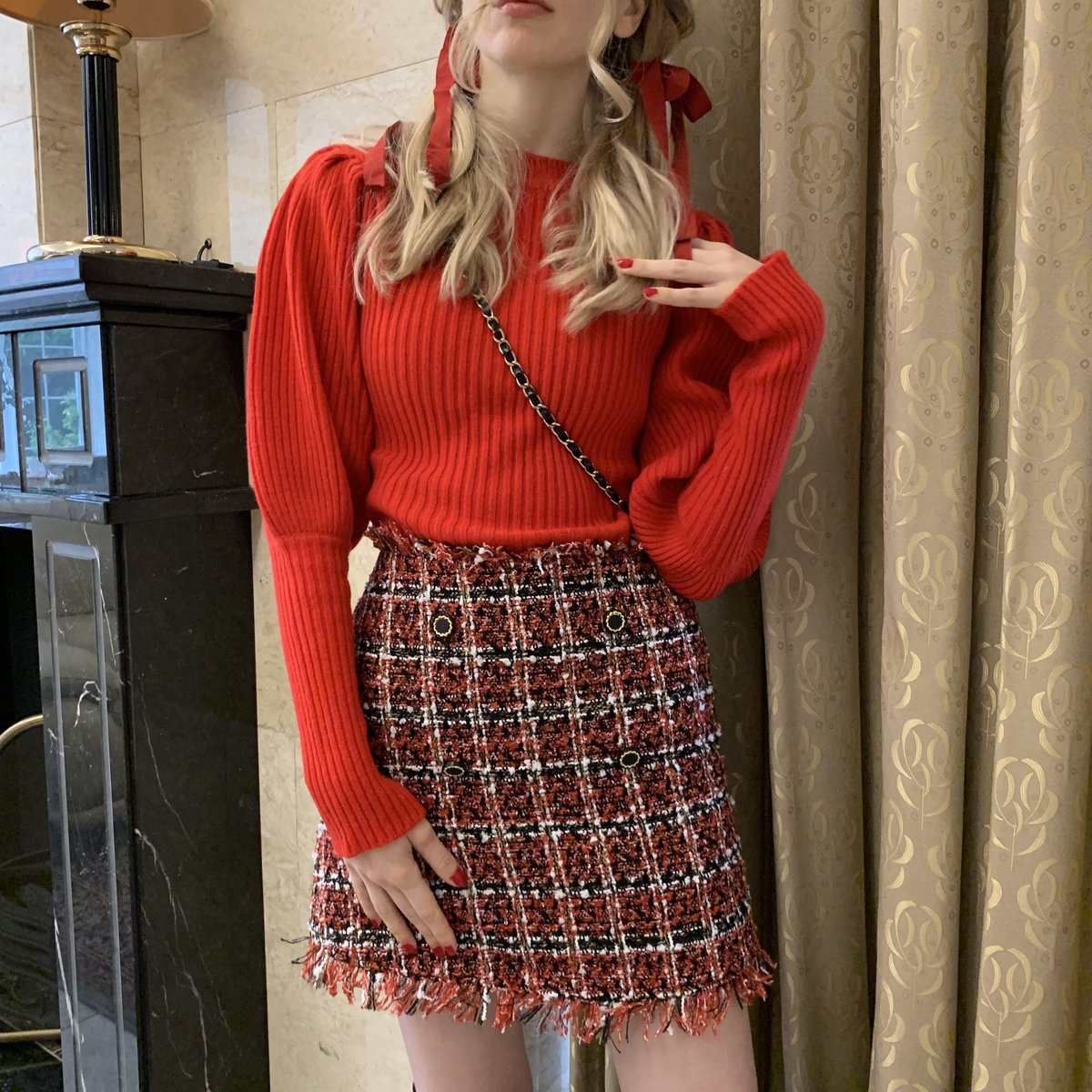 tweed double button mini skirt red