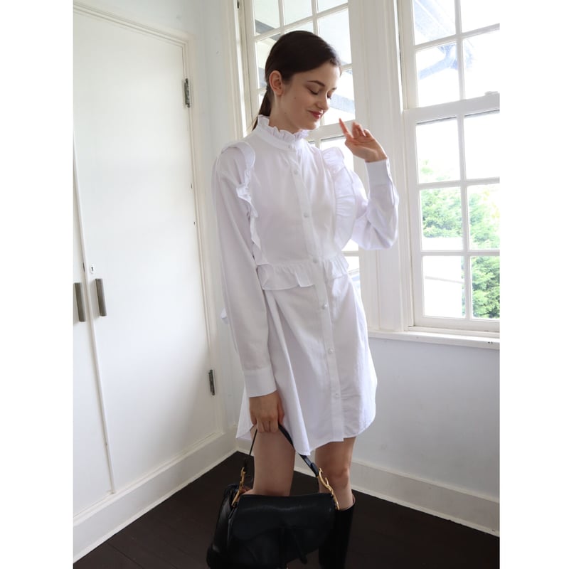 square frill back ribbon shirt onepiece white |