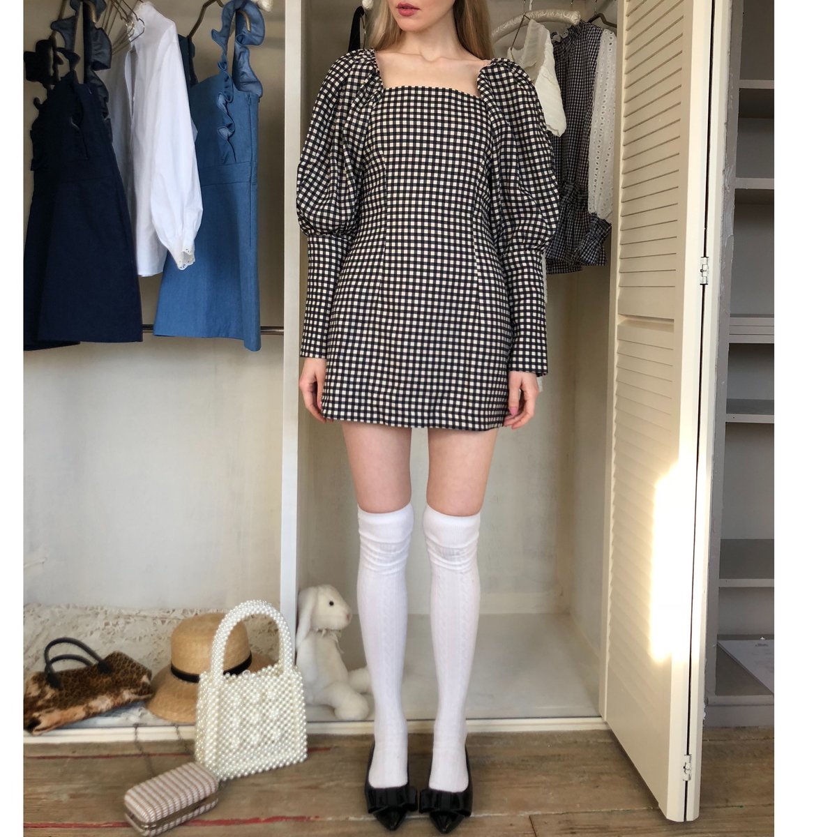 square neck gingham onepiece
