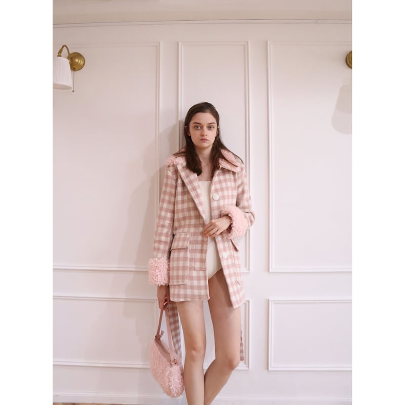 【epine】poodle fur coat pink check