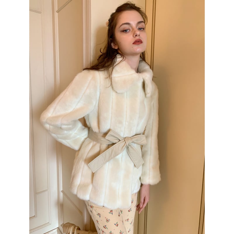 parisienne ribbon 2way fur coat ivory | épine