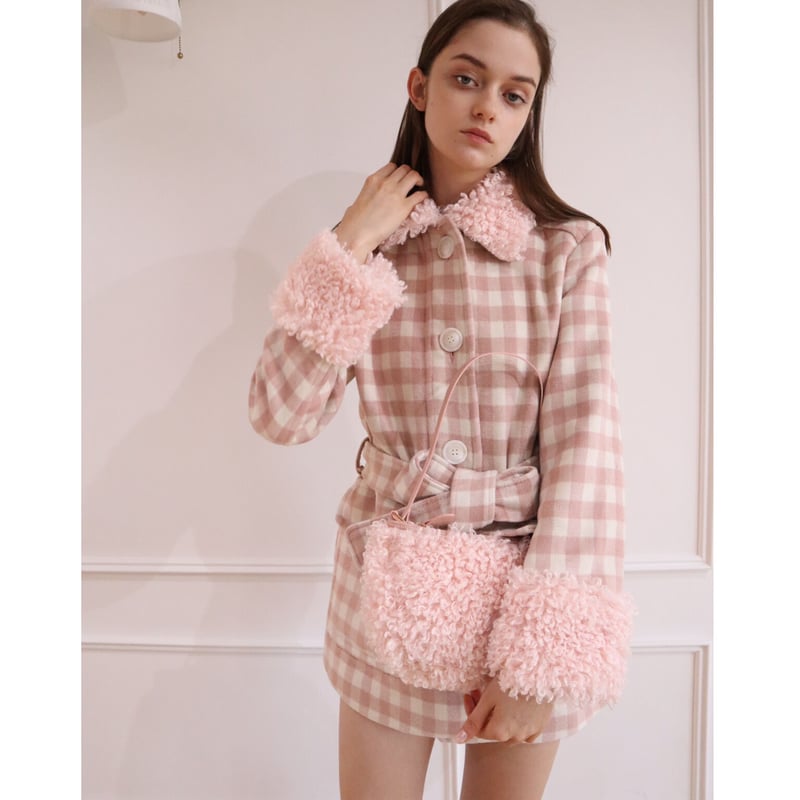 epine エピヌ poodle fur coat pink check