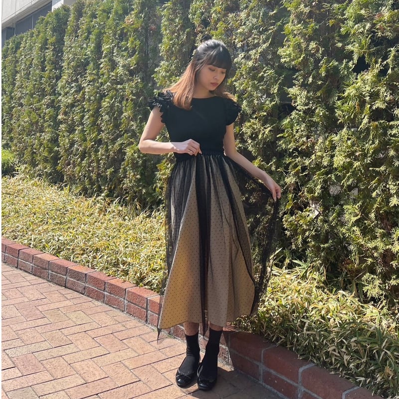 dot tulle long skirt beige×black | épine