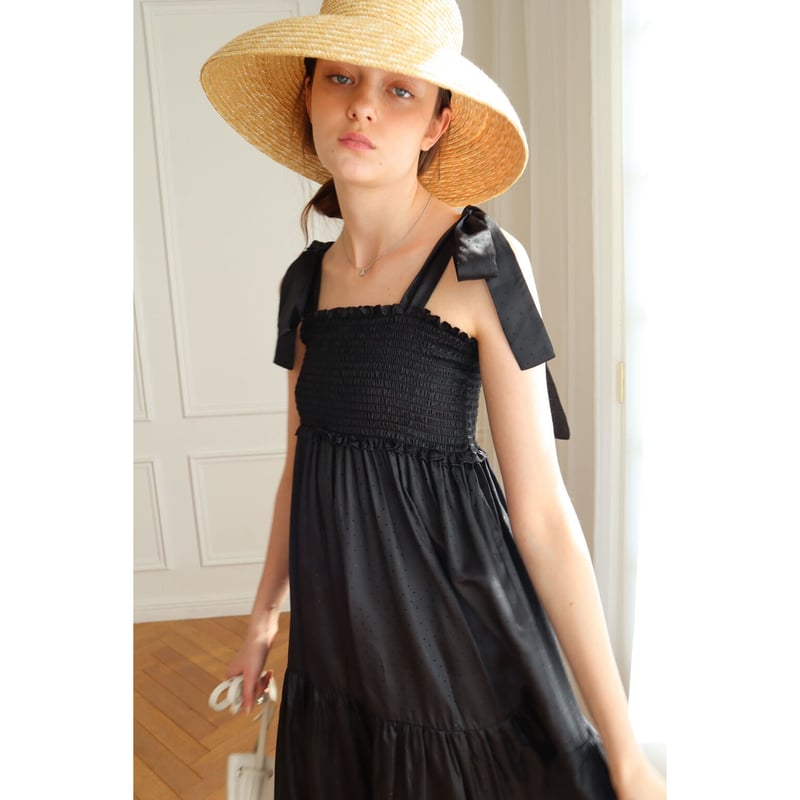 ribbon gather tiered 2way onepiece dot black |