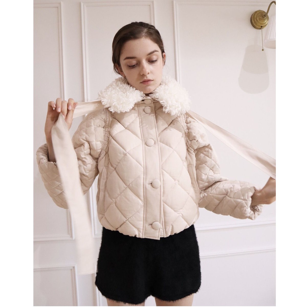 fur ribbon quilting short down coat ivory | épine