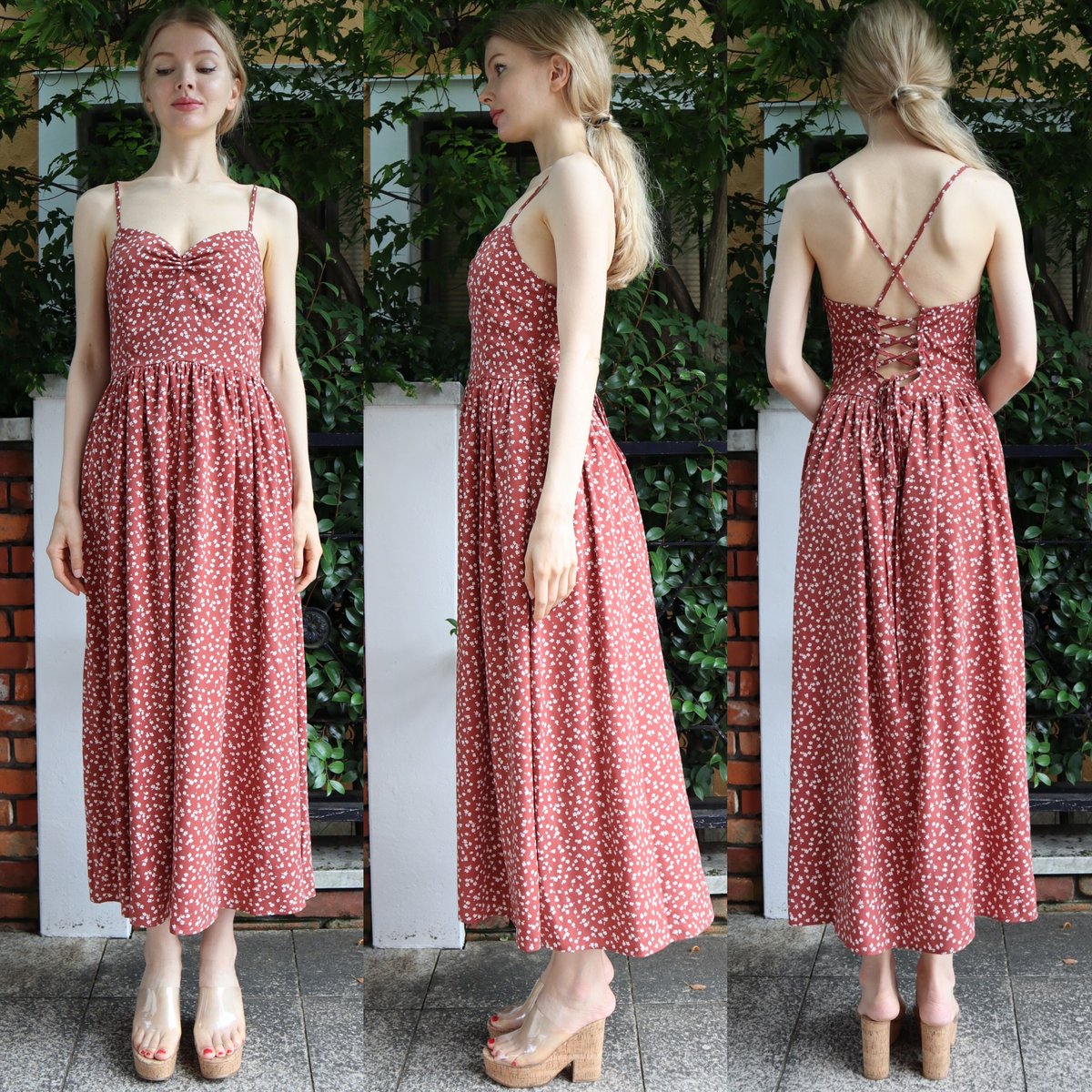 back lace up little flower onepiece red | épine