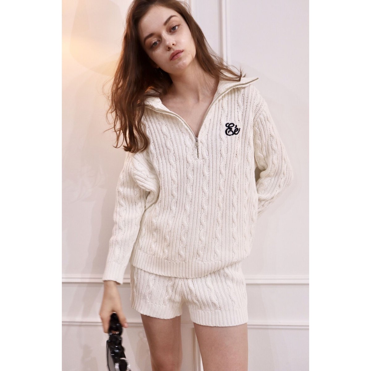 Eé half zip cable knit tops white | épine Eé half zip cable knit tops white | épine