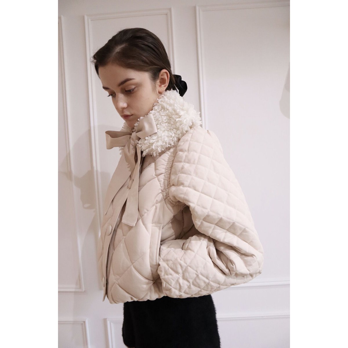 fur ribbon quilting short down coat ivory | épine 