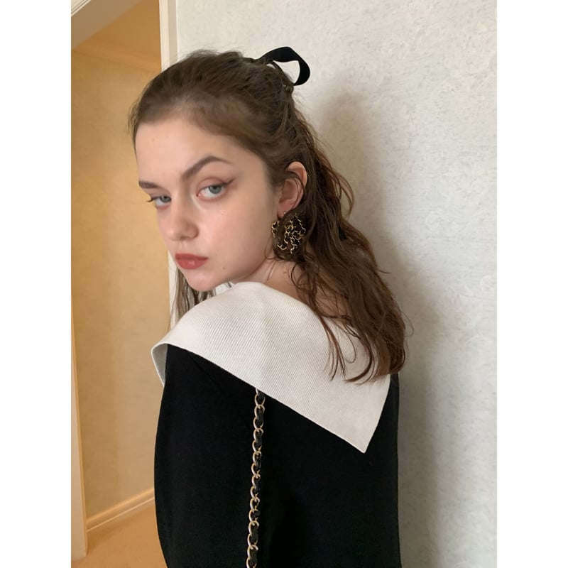 épine ワンピース black collar design Vneck knit onepiece black | épine