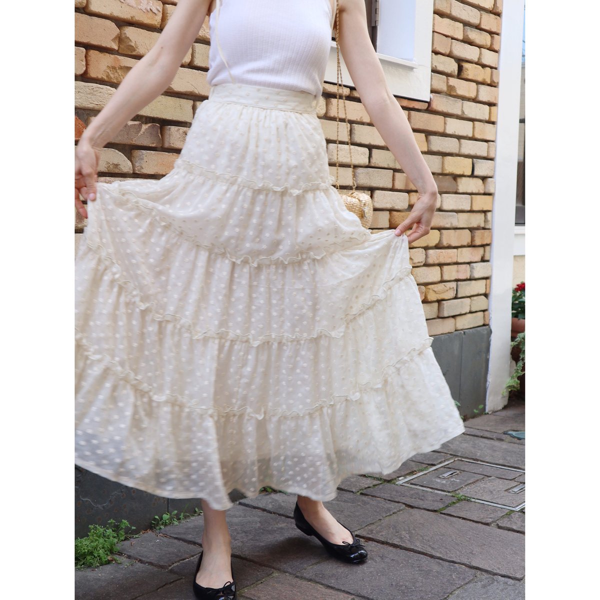 flower see-through frill tiered long skirt ivor flower see-through frill tiered long skirt ivor