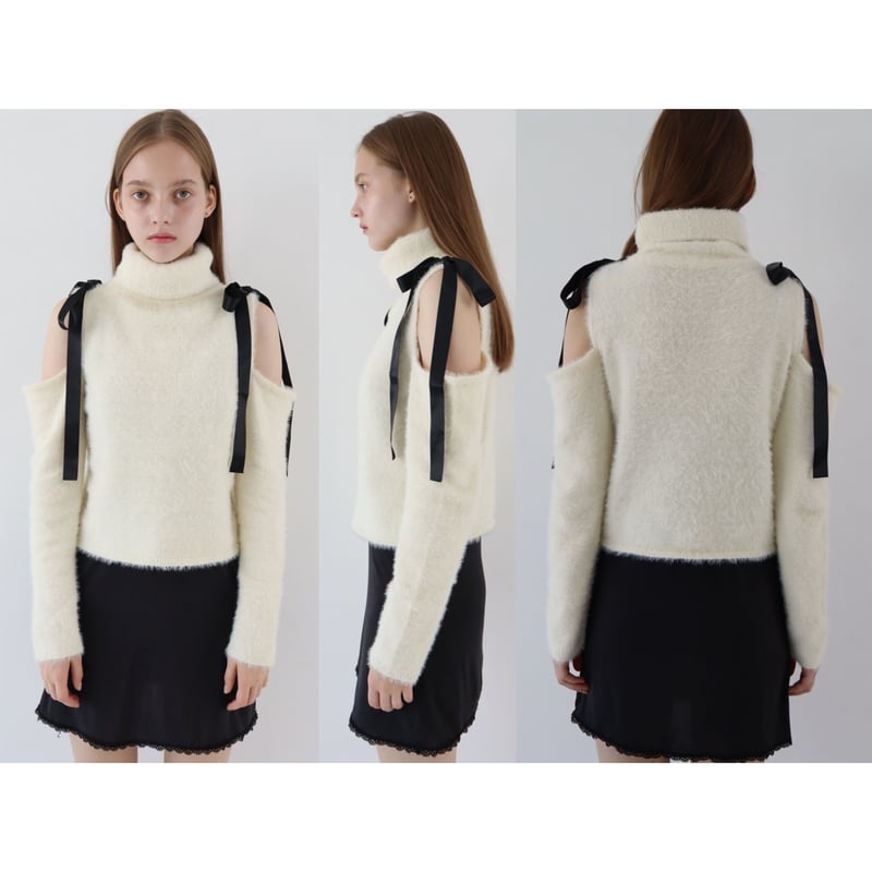 epine mohair ribbon shoulder off knit