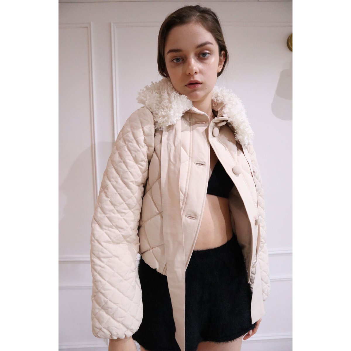 fur ribbon quilting short down coat ivory | épine 