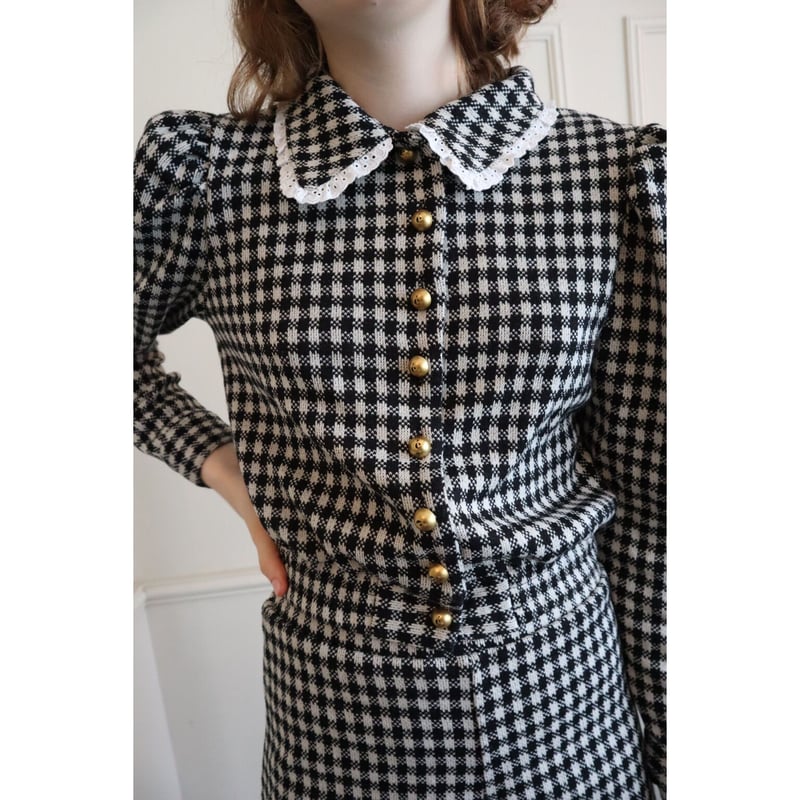 lace collar é button check knit cardigan | épine lace collar é button check knit cardigan | épine