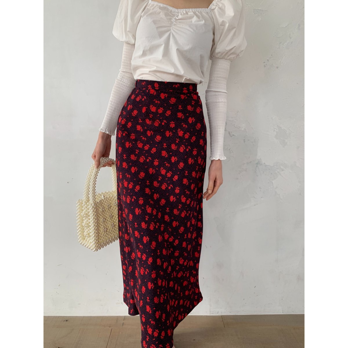 dot flower straight long skirt black | épine