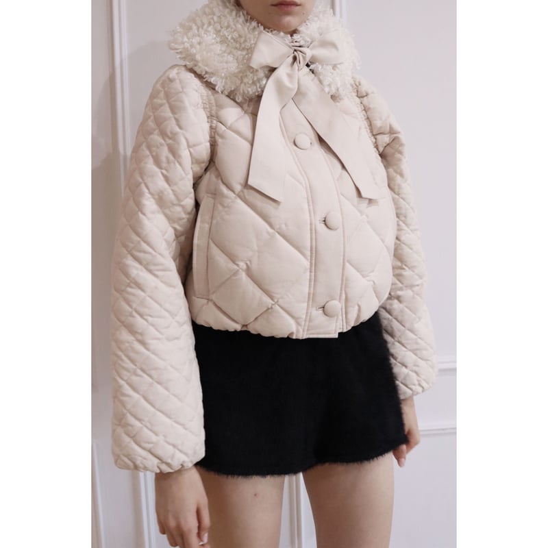 fur ribbon quilting short down coat ivory | épine