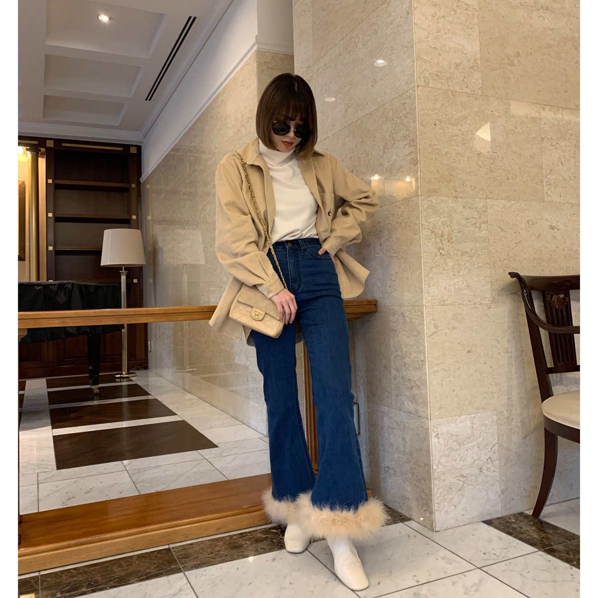 épine bell jeans blue×beige feather fur | épine