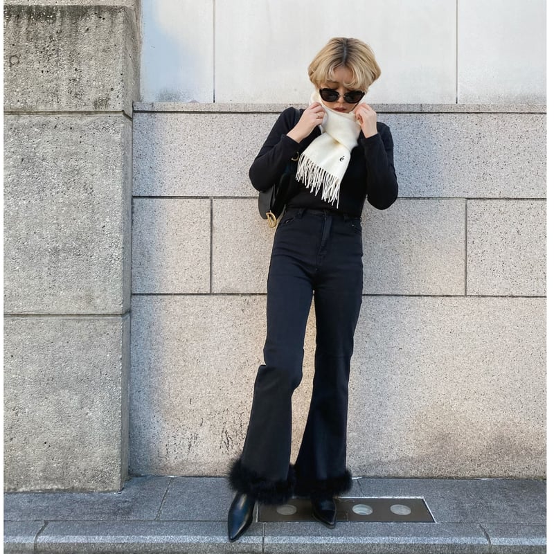 épine bell jeans blue×black feather fur