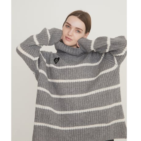 ♡Éé high neck big border knit gray