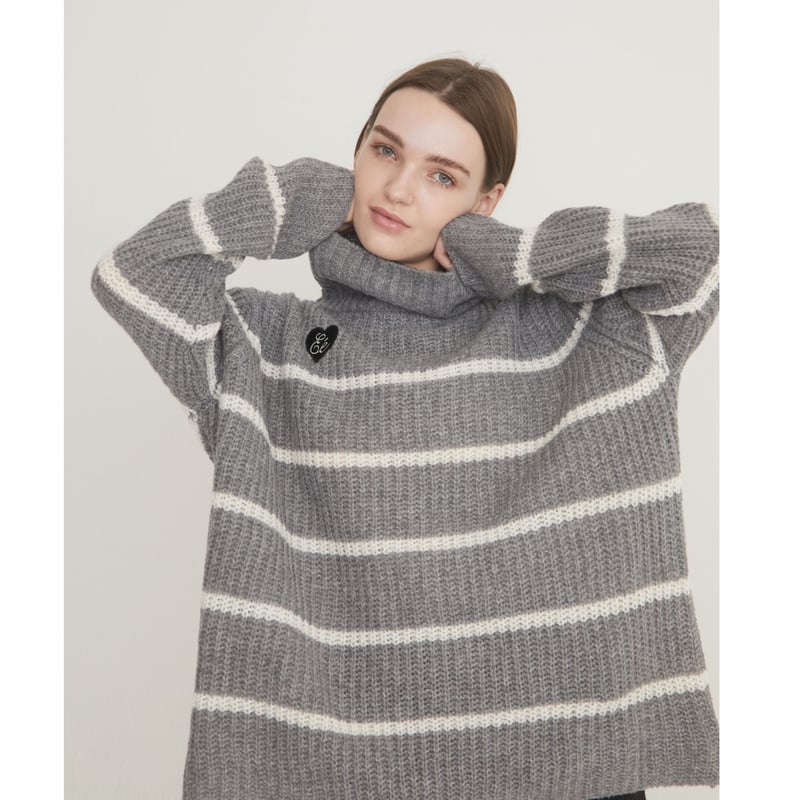 ♡Éé high neck big border knit gray | épine ♡Éé high neck big border knit gray | épine