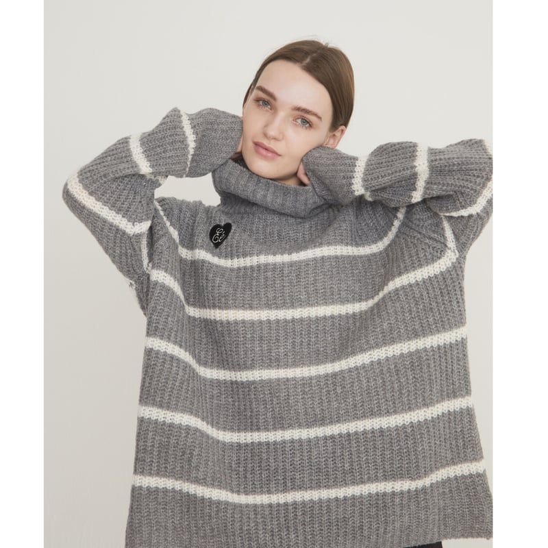 ♡Éé high neck big border knit gray | épine