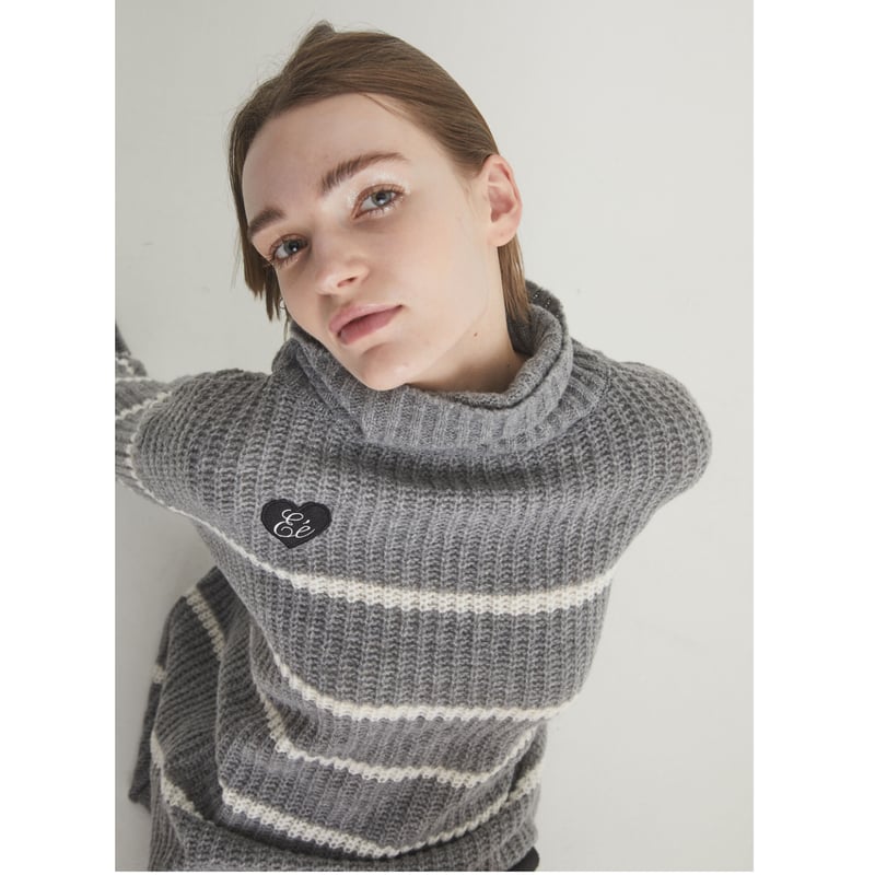 ♡Éé high neck big border knit gray | épine