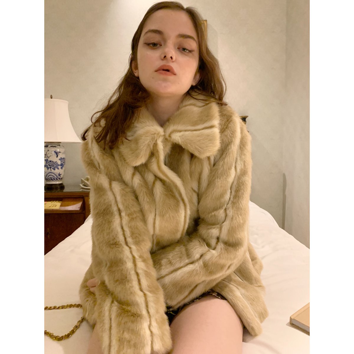 parisienne ribbon 2way fur coat beige   épine