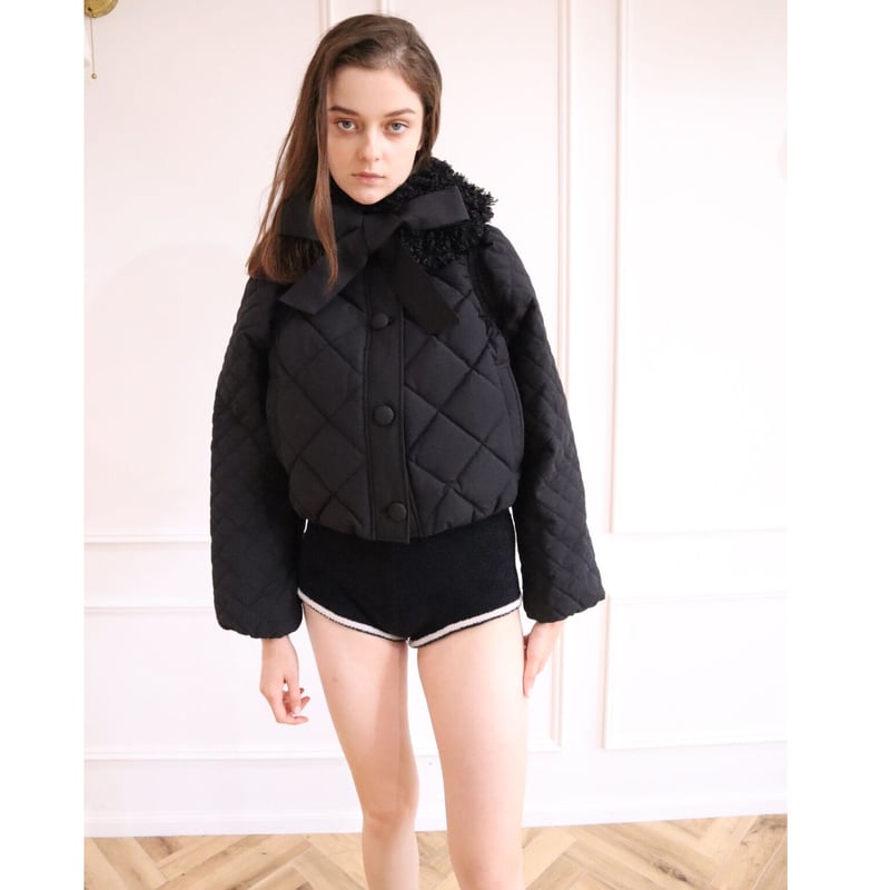 fur ribbon quilting short down coat black | épine