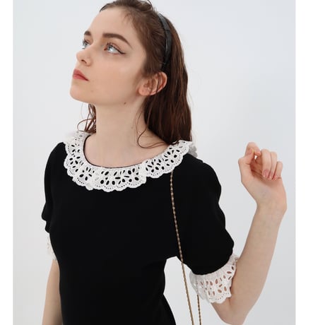 lace frill rib knit onepiece black