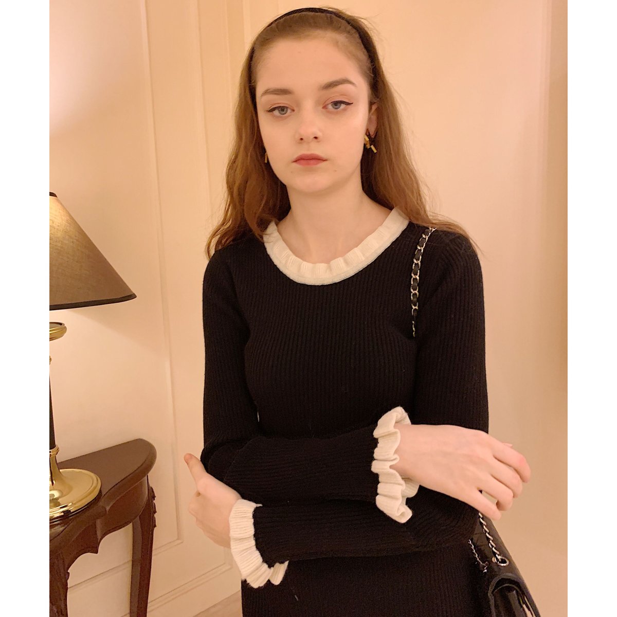 【Special price】lace up ribbon frill rib knit set up black