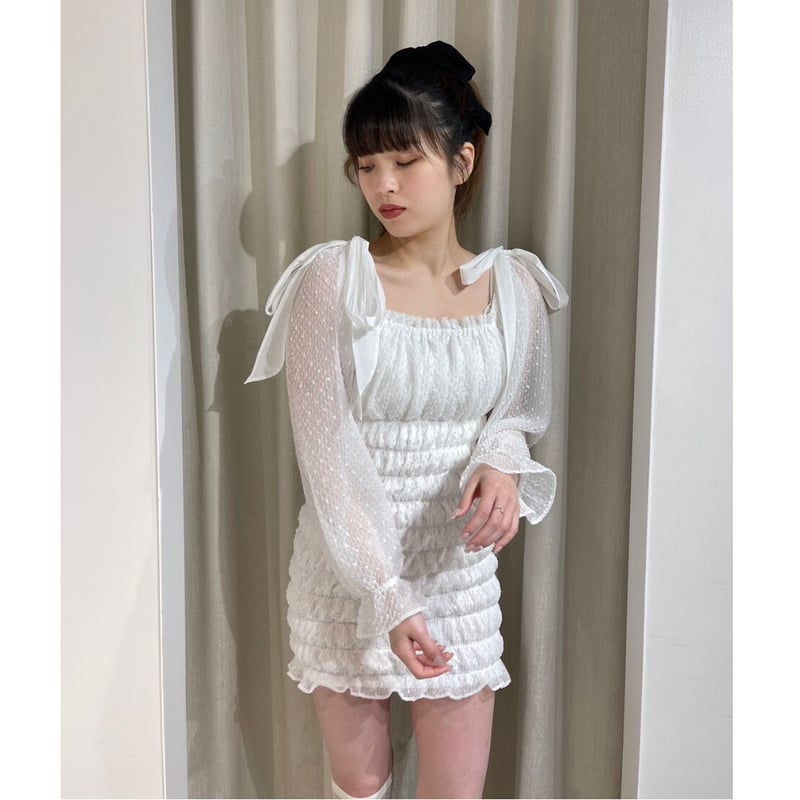 ribbon waffle chiffon gather onepiece white | é
