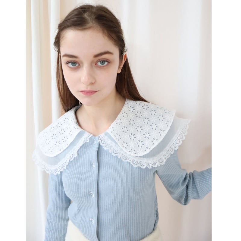 see-through lace collar rib cardigan ice blue |...