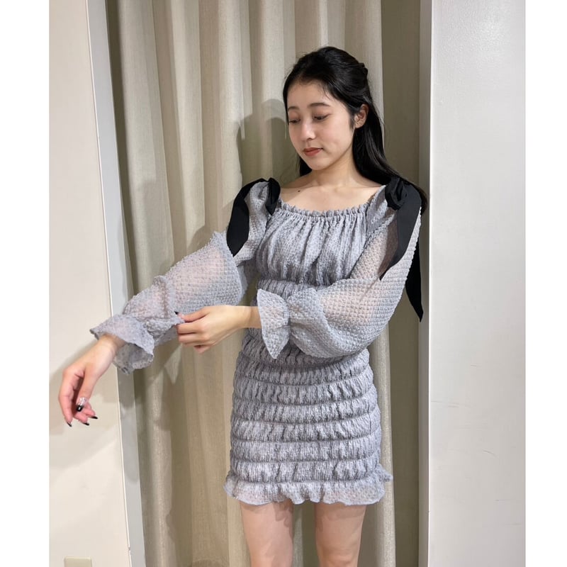 ribbon waffle chiffon gather onepiece white | é｜ミニワンピース