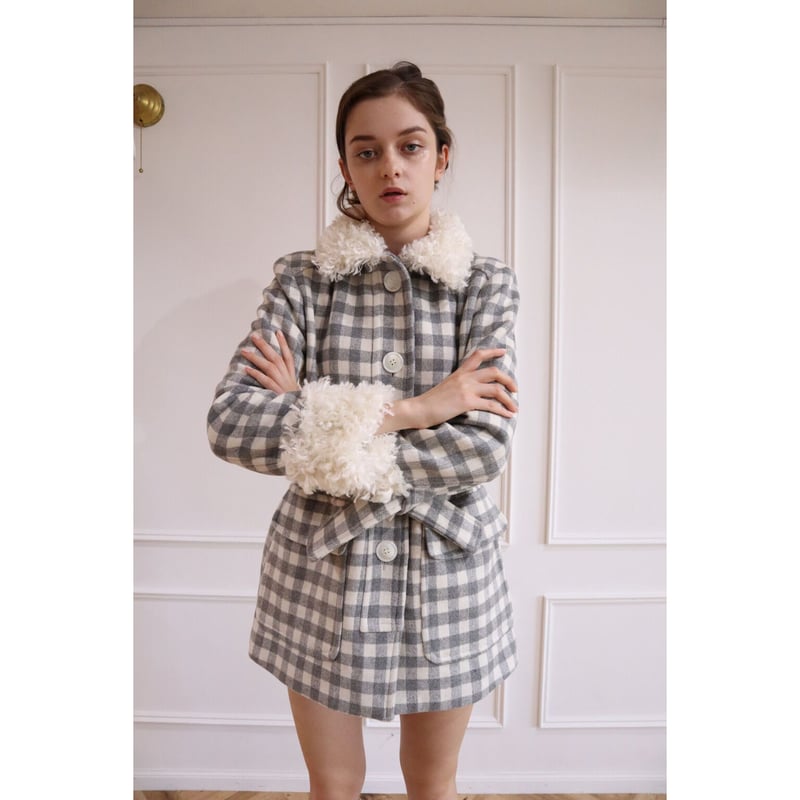 【epine】poodle fur coat gray check