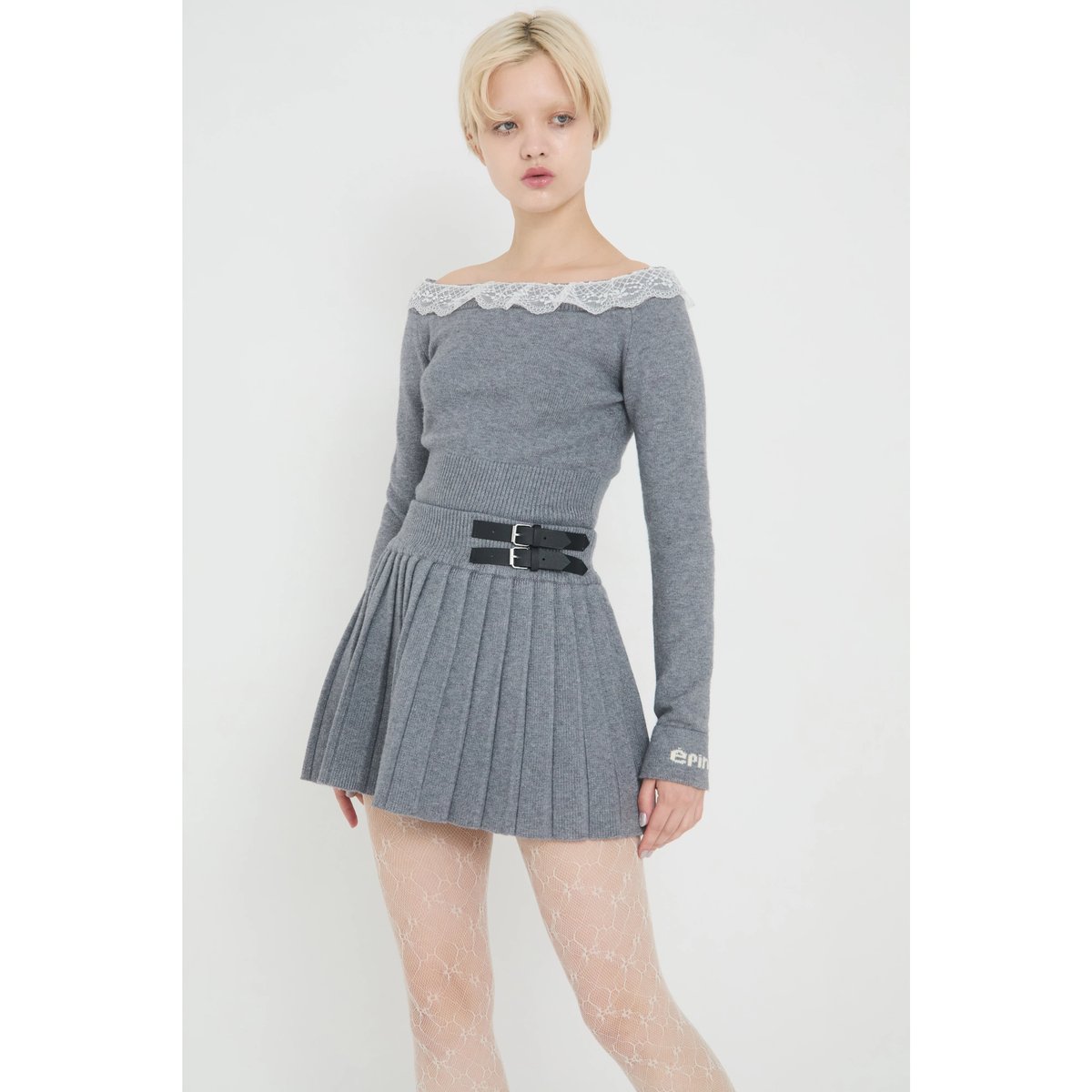 épine lace knit & pleats skirt set up épine lace knit & pleats skirt set up