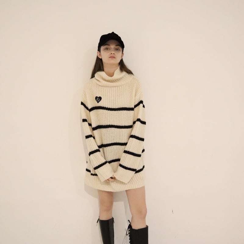 ♡Éé high neck big border knit ivory | épine