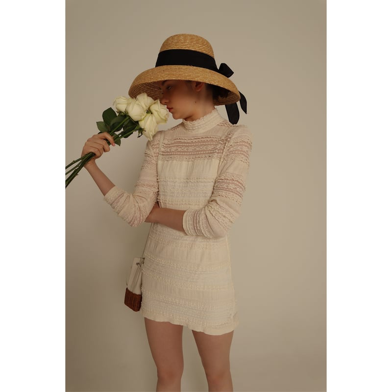 ワンピース 格子柄 ひざ下丈 大人 上品 ベルベット 胸リボン high neck lace onepiece | épine