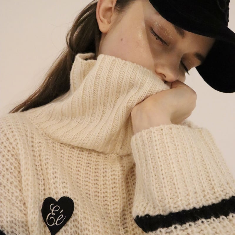 ♡Éé high neck big border knit ivory | épine