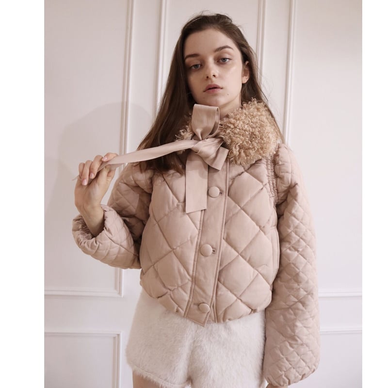 fur ribbon quilting short down coat pink beige 