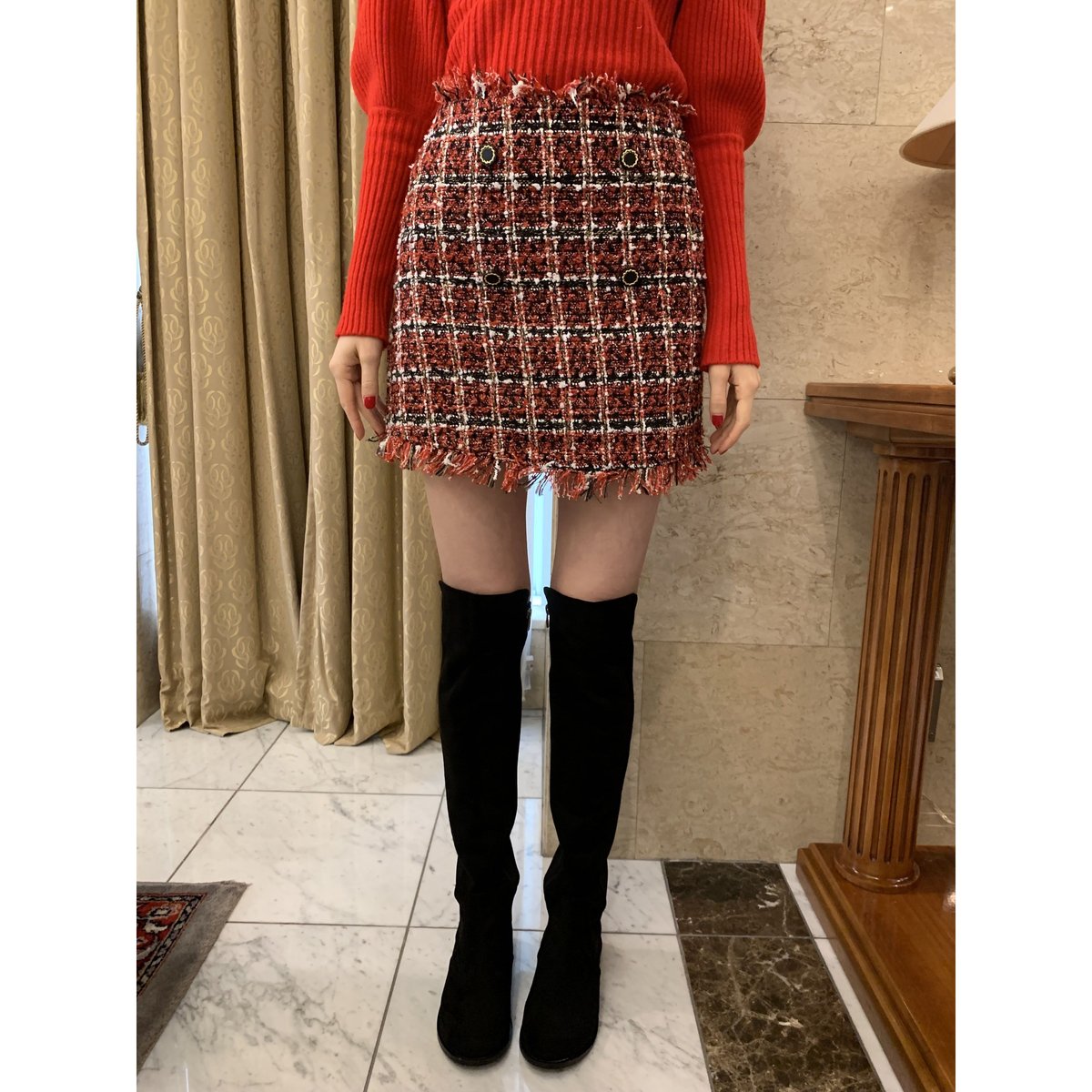 tweed double button mini skirt red | épine